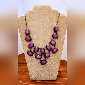 New York & Company Purple Oval Cabochon Statement Necklace w/ Gun Metal Tone